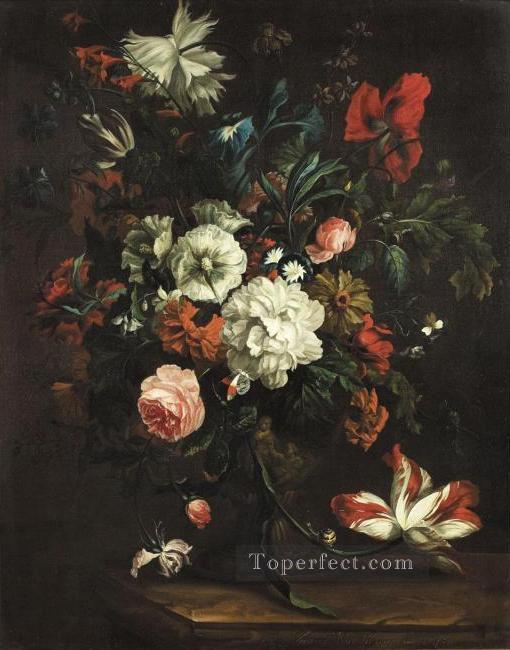 Flowers in a vase on a stone slab Justus van Huysum Oil Paintings